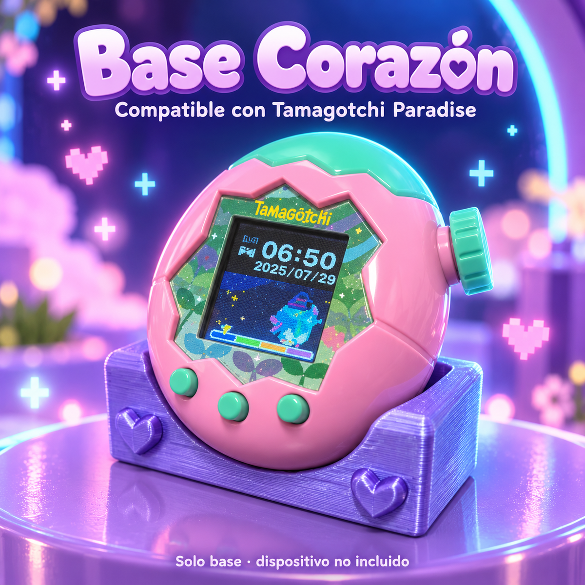 Base Corazón morada compatible con Tamagotchi Paradise. Se vende únicamente la base; dispositivo no incluido.